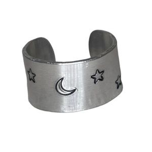 Handmade 9 stamped moon & stars silver adjustable hypoallergenic wide‎ cuff ring
